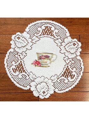 Faith Hope Love Lace Doilies Set Floral Teacup Design 9" Diameter